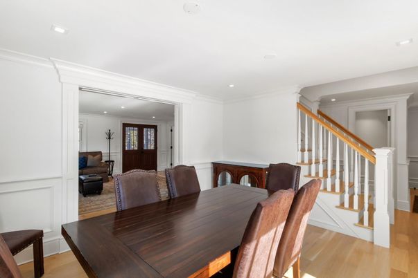 Dining room, Interior, Living room, Recessed Lighting, Wood Texture Flooring