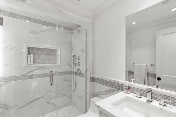 Bathroom, Glass Shower, Interior, Marble Walls, Recessed Lighting