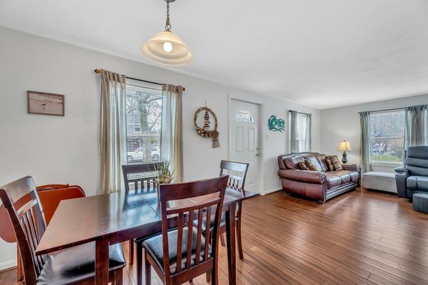 Dining room, Interior, Living room, Pendant Lights, Wood Texture Flooring