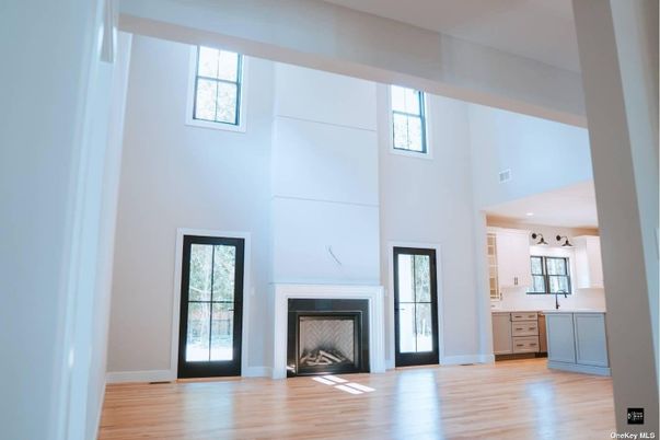 Fireplace, Interior, Kitchen, Pendant Lights, Wood Texture Flooring