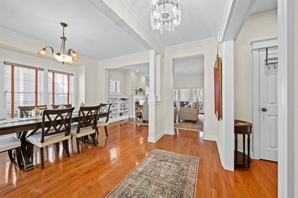 Chandelier, Dining room, Interior, Pendant Lights, Wood Texture Flooring