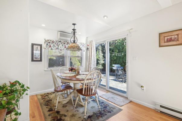 Dining room, Interior, Pendant Lights, Recessed Lighting, Wood Texture Flooring