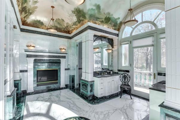 Bathroom, Fireplace, Interior, Marble, Pendant Lights