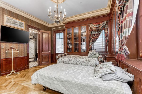 Bedroom, Chandelier, Interior, Wood Texture Flooring