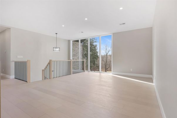 Empty room, Interior, Pendant Lights, Recessed Lighting, Wood Texture Flooring