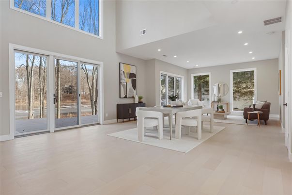Dining room, Interior, Recessed Lighting, Wood Texture Flooring