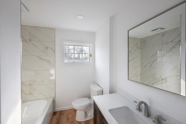 Bathroom, Interior, Marble Walls, Wood Texture Flooring