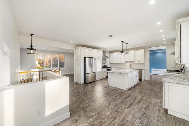 Interior, Kitchen, Pendant Lights, Recessed Lighting, Stainless Steel Appliances, Wood Texture Flooring