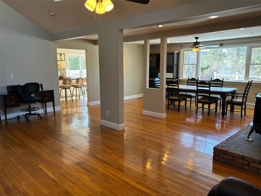 Dining room, Interior, Recessed Lighting, Wood Texture Flooring