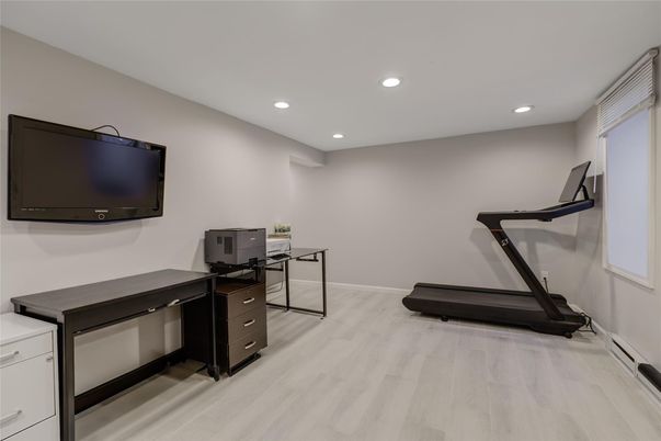 Fitness Equipment, Home Office, Interior, Recessed Lighting, Wood Texture Flooring