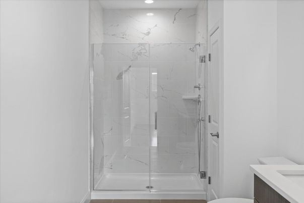 Bathroom, Glass Shower, Interior, Marble Walls, Recessed Lighting