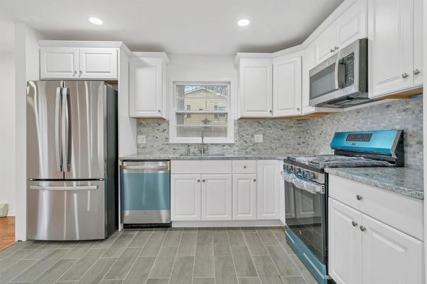 Interior, Kitchen, Recessed Lighting, Stainless Steel Appliances, Wood Texture Flooring