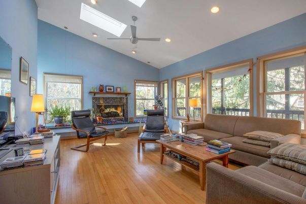 Fireplace, Interior, Living room, Pendant Lights, Recessed Lighting, Wood Texture Flooring