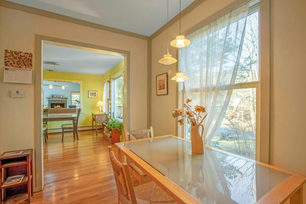 Dining room, Interior, Pendant Lights, Wood Texture Flooring