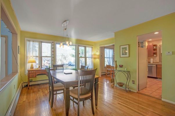 Dining room, Interior, Pendant Lights, Recessed Lighting, Wood Texture Flooring