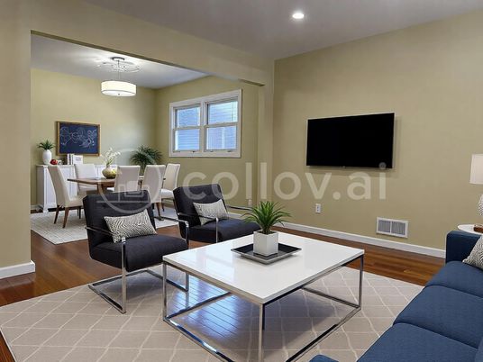 Dining room, Interior, Living room, Recessed Lighting, Wood Texture Flooring