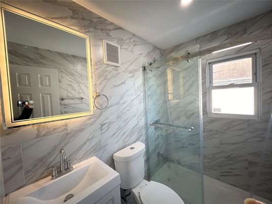 Bathroom, Glass Shower, Interior, Marble Walls, Recessed Lighting