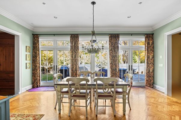Dining room, Interior, Pendant Lights, Recessed Lighting, Wood Texture Flooring