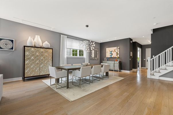 Dining room, Interior, Pendant Lights, Recessed Lighting, Wood Texture Flooring