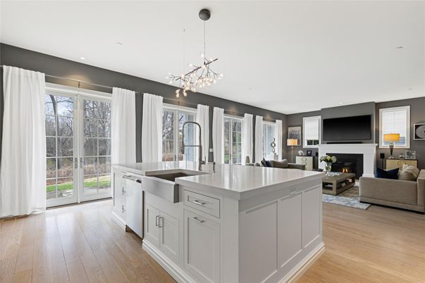 Fireplace, Interior, Kitchen, Living room, Pendant Lights, Recessed Lighting, Wood Texture Flooring