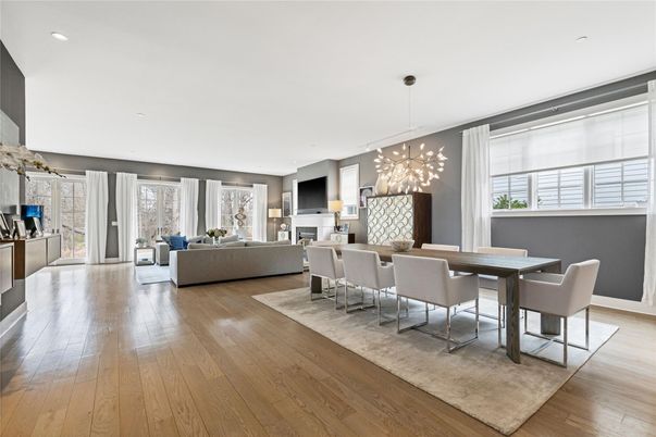 Dining room, Fireplace, Interior, Living room, Pendant Lights, Recessed Lighting, Wood Texture Flooring
