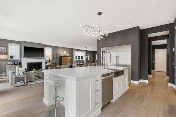Fireplace, Interior, Kitchen, Living room, Pendant Lights, Recessed Lighting, Stainless Steel Appliances, Wood Texture Flooring