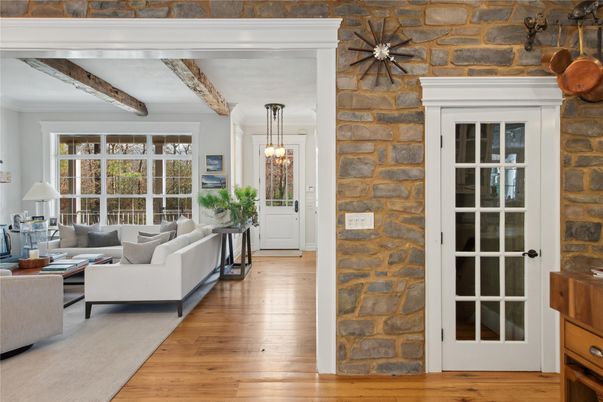 Interior, Living room, Pendant Lights, Stone Walls, Wooden Beams, Wood Texture Flooring