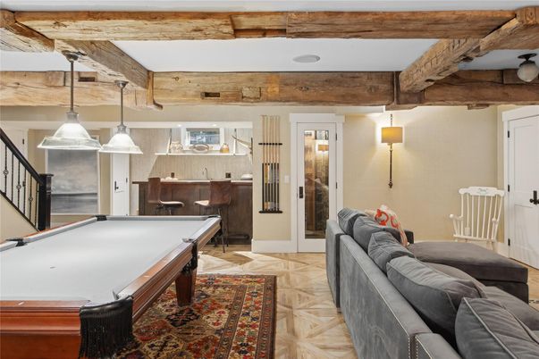 Billiard Table, Game Room, Interior, Pendant Lights, Wooden Beams