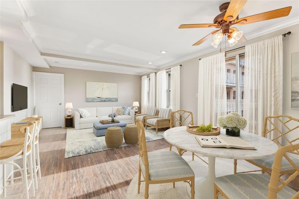 Dining room, Interior, Living room, Recessed Lighting, Wood Texture Flooring