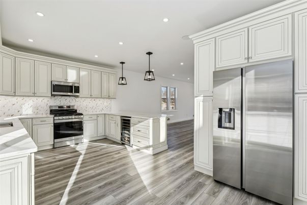 Interior, Kitchen, Pendant Lights, Recessed Lighting, Stainless Steel Appliances, Wood Texture Flooring