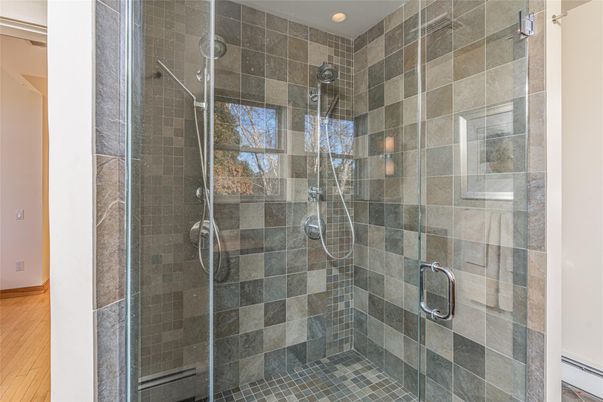 Bathroom, Glass Shower, Interior, Recessed Lighting, Wood Texture Flooring