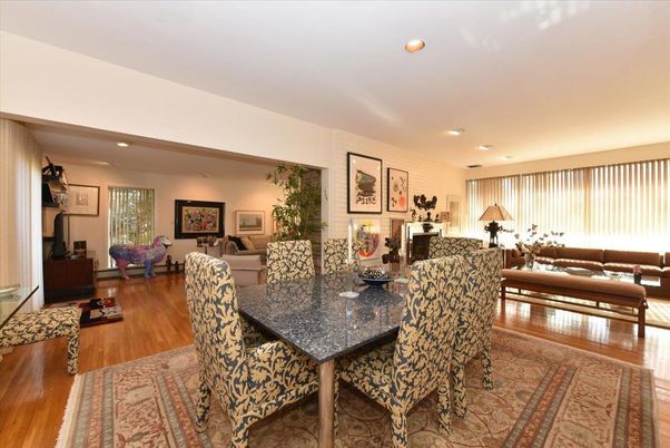 Dining room, Interior, Living room, Recessed Lighting, Wood Texture Flooring