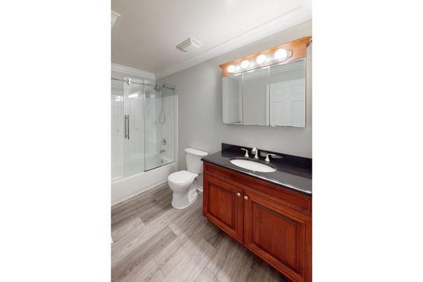 Bathroom, Glass Shower, Interior, Wood Texture Flooring