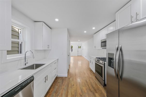 Interior, Kitchen, Recessed Lighting, Stainless Steel Appliances, Wood Texture Flooring