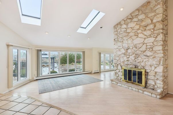Fireplace, Interior, Recessed Lighting, Stone Walls, Wood Texture Flooring