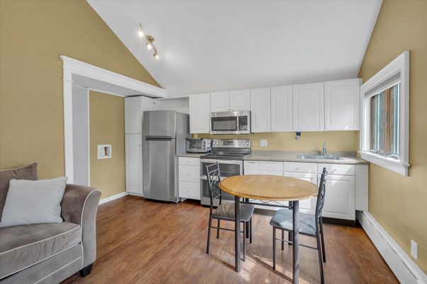 Dining room, Interior, Kitchen, Stainless Steel Appliances, Wood Texture Flooring