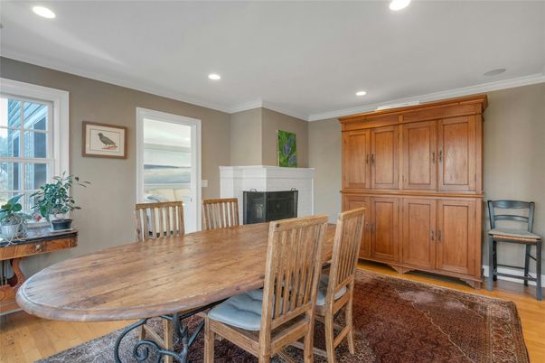 Dining room, Fireplace, Interior, Recessed Lighting, Wood Texture Flooring