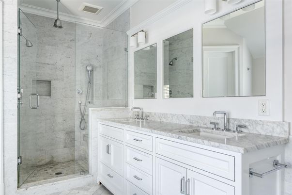 Bathroom, Dual Sink Vanities, Glass Shower, Interior, Marble, Marble Walls
