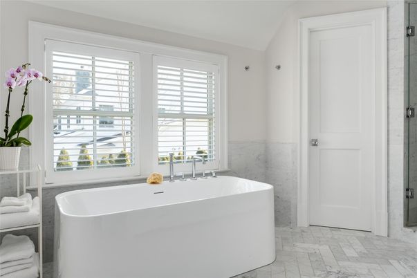Bathroom, Free Standing Baths, Glass Shower, Interior, Marble, Marble Walls