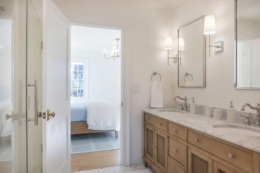 Bathroom, Bedroom, Chandelier, Dual Sink Vanities, Glass Shower, Interior, Wood Texture Flooring