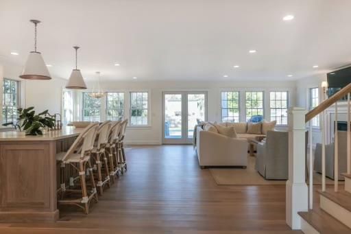 Dining room, Interior, Living room, Pendant Lights, Recessed Lighting, Wood Texture Flooring