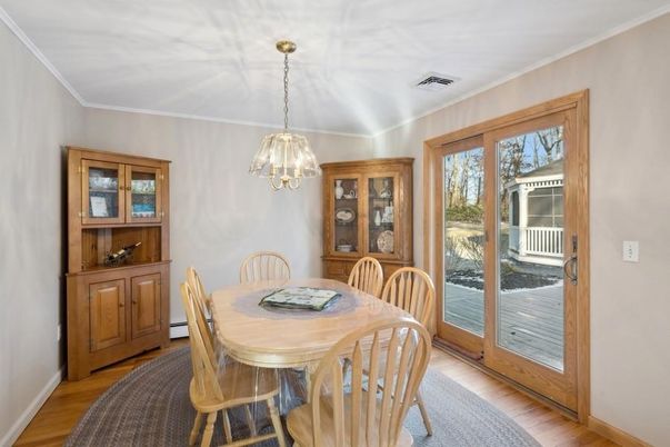 Dining room, Interior, Pendant Lights, Wood Texture Flooring