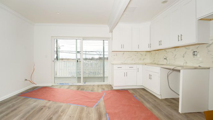 Interior, Kitchen, Marble Walls, Recessed Lighting, Wood Texture Flooring