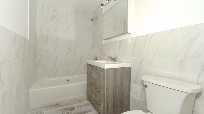 Bathroom, Interior, Marble Walls, Wood Texture Flooring