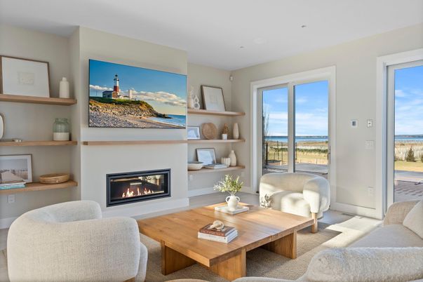 Fireplace, Interior, Living room, Recessed Lighting, Water