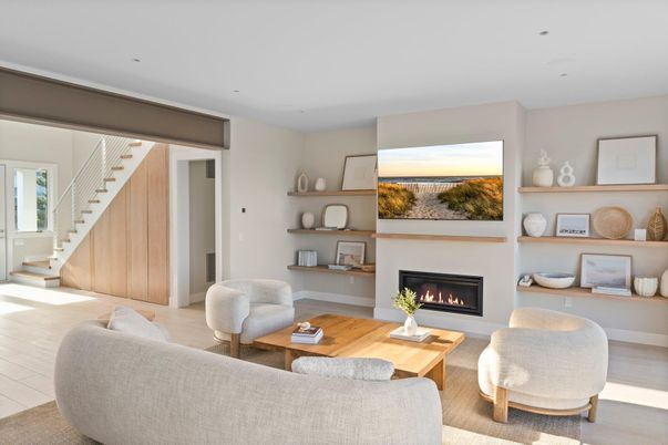 Fireplace, Interior, Living room, Recessed Lighting, Wood Texture Flooring