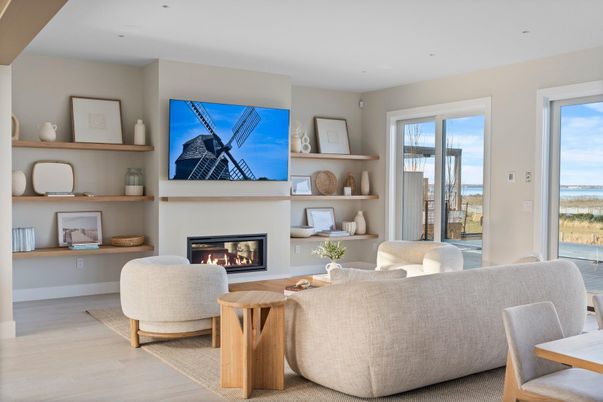 Fireplace, Interior, Living room, Recessed Lighting, Water, Wood Texture Flooring