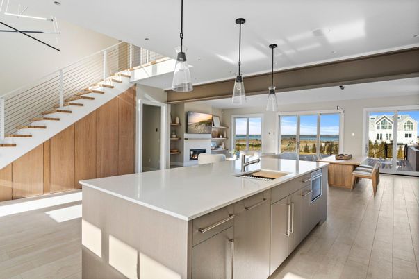 Fireplace, Interior, Kitchen, Living room, Pendant Lights, Recessed Lighting, Wood Texture Flooring