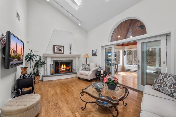 Fireplace, Interior, Living room, Recessed Lighting, Wood Texture Flooring