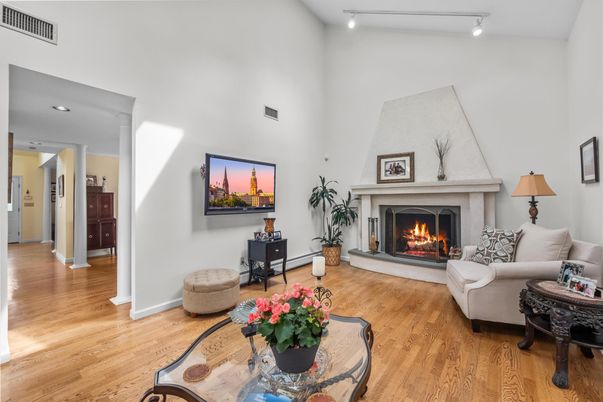 Fireplace, Interior, Living room, Recessed Lighting, Wood Texture Flooring